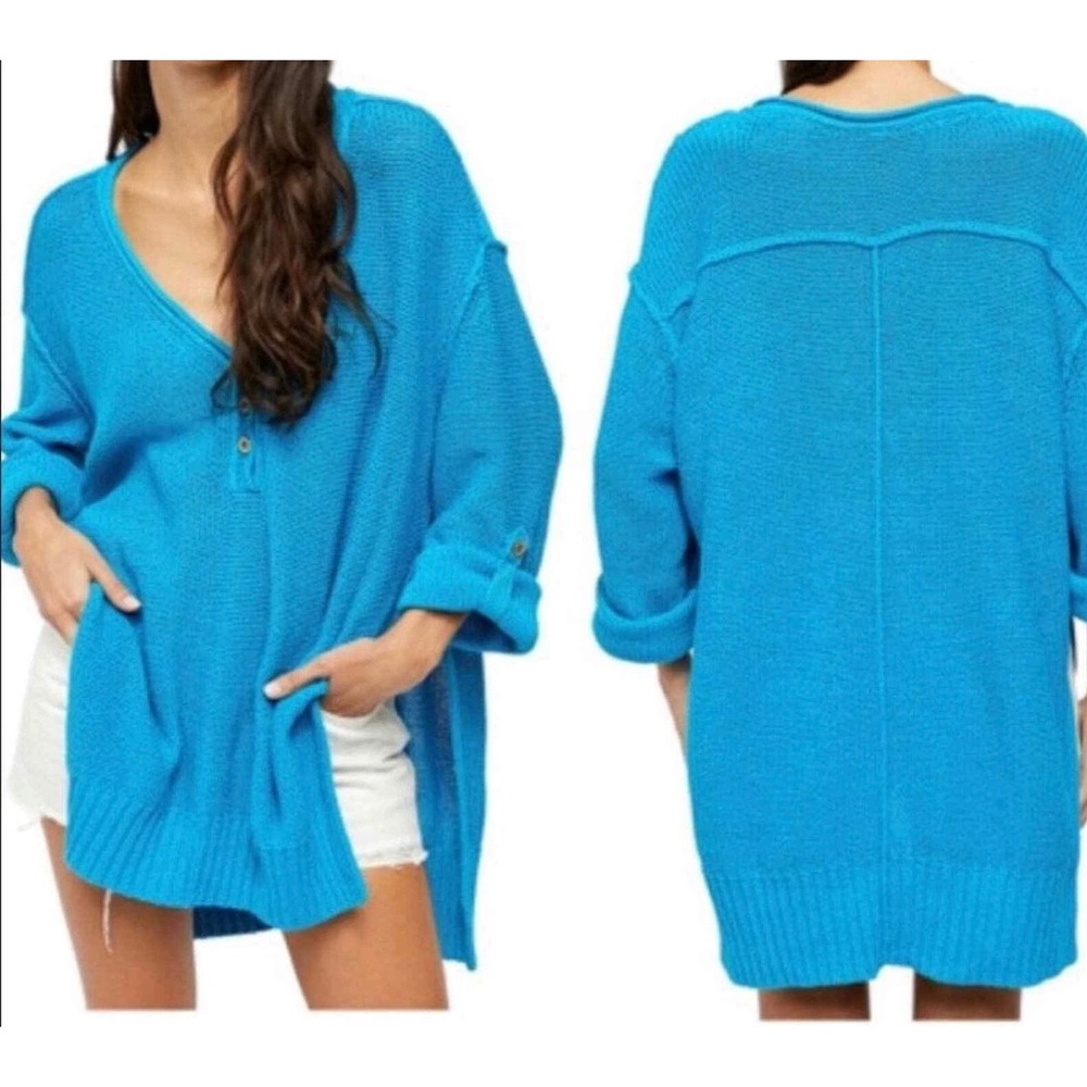 WE THE FREE Firefly Tunic Sweater‎ Knit Henley Blue Small Boho Oversized Cozy